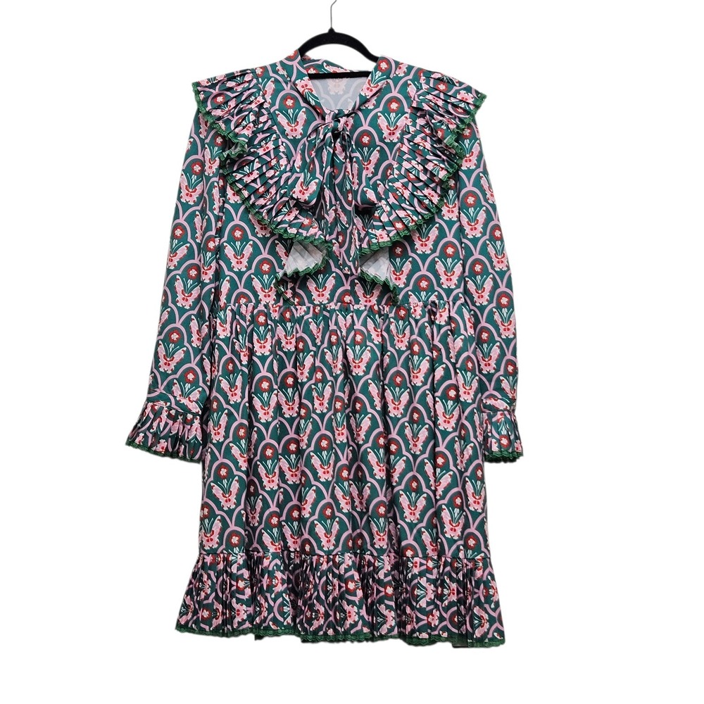 Burry co Ruffle Mini Dress Womens 12 2XL Green Butterfly Print Tie Neck Pleated